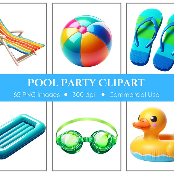 Pool Party Clipart | 65 PNGs | Pool Floats | Flip Flops | Digital Download | Commercial Use | Swimming Clipart | Summer Clipart