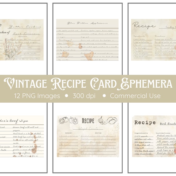 Vintage Recipe Clipart | Printable Recipe Cards | Cooking Clip Art | Collage Ephemera | Digital Download 300Dpi Jpg | Junk Journal Supplies