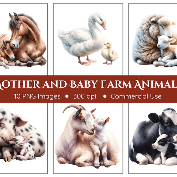 Mother and Baby Farm Animals Clipart - Farm Clipart - Transparent Background - Nursery Art - Mother's Day - Instant Download