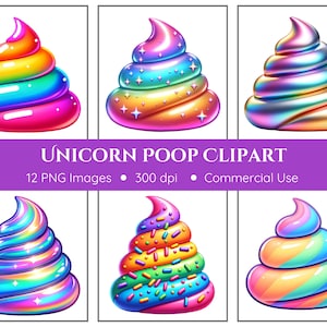 Pacchetto di clipart di cacca di unicorno - sfondo trasparente - clipart emoji di cacca arcobaleno - gelato arcobaleno - download digitale