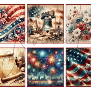 May include: A collage of six images celebrating American Independence Day. The images include a red, white, and blue American flag, the Liberty Bell, a bouquet of red, white, and blue flowers, a scroll with the text "Declaration of Independence", a cityscape with fireworks, and a close-up of a waving American flag.