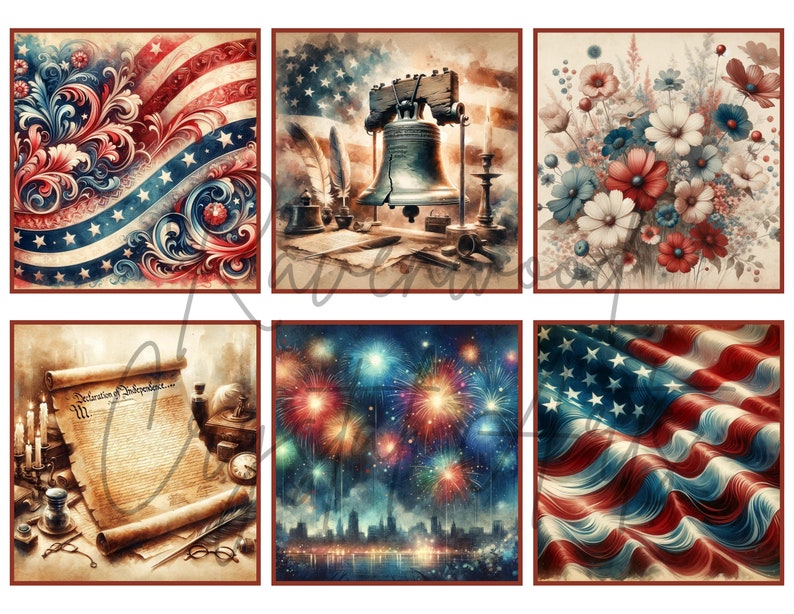 May include: A collage of six images celebrating American Independence Day. The images include a red, white, and blue American flag, the Liberty Bell, a bouquet of red, white, and blue flowers, a scroll with the text "Declaration of Independence", a cityscape with fireworks, and a close-up of a waving American flag.