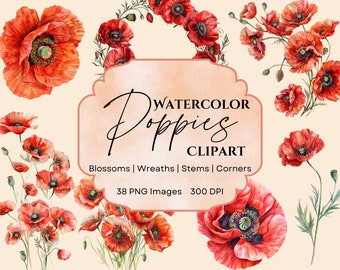 Watercolor Poppies Clipart | 38 PNGs | Digital Download | Poppies Clipart | Summer Flowers | Floral Wreath | Watercolor Flowers | Wedding