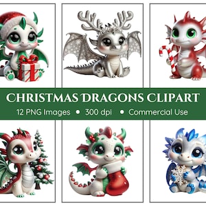 Weihnachten Drachen Clipart Pack | 12 PNG | Niedliche Baby Drachen | Weihnachten Clipart | Sofortdownload | Drache PNG | Kommerzielle Nutzung