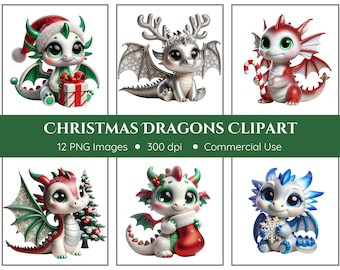 Christmas Dragons Clipart Pack | 12 PNGs | Cute Baby Dragons | Christmas Clipart | Instant Download | Dragon PNG | Commercial Use