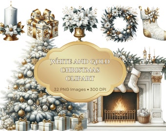 White and Gold Christmas Clipart | 32 PNGs | Elegant Christmas Clipart | Watercolor Christmas Clipart | Christmas Trees, Wreaths, Ornaments