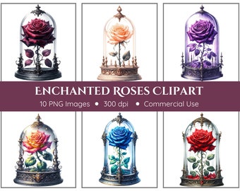 Enchanted Rose Clipart Pack - Transparent Background - Enchanted Roses, Magical Roses, Roses in Glass Domes, Red, Pink, Blue, Purple, Black