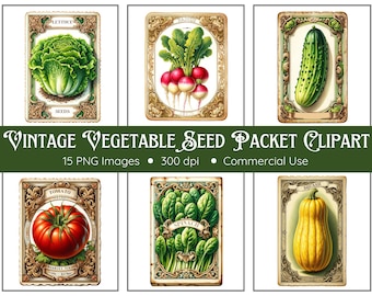 Vintage Vegetable Seed Packet Clipart Pack - 15 PNGs - Transparent Background - Gardening Clipart - Vintage Ephemera - Vegetables
