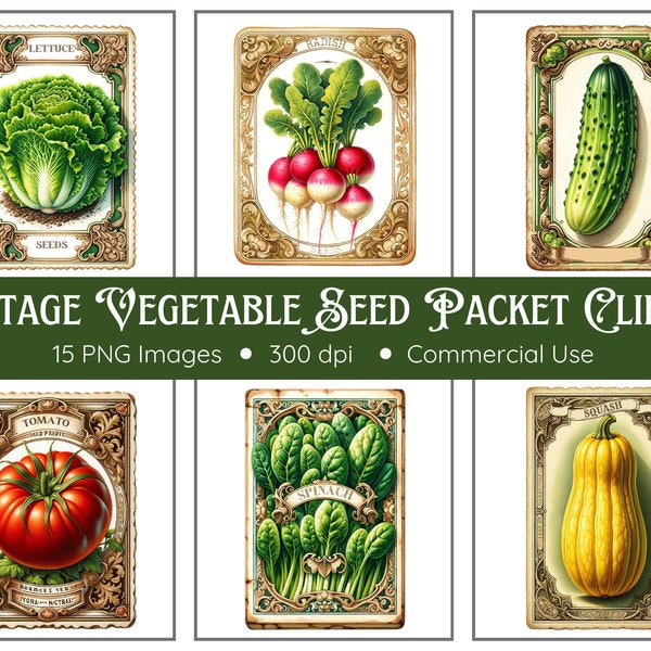 Vintage Vegetable Seed Packet Clipart Pack - 15 PNGs - Transparent Background - Gardening Clipart - Vintage Ephemera - Vegetables