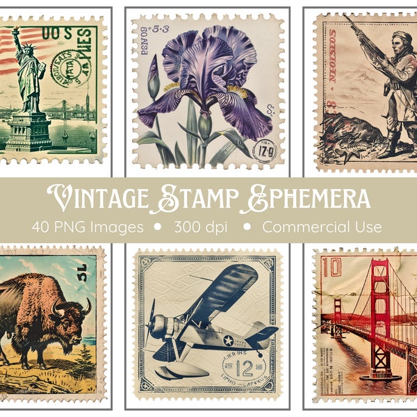 Vintage Stamp Clipart | 40 PNGs | Instant Download | Retro Stamps Png | Vintage Ephemera | Junk Journal | Vintage Postage Stamps Png