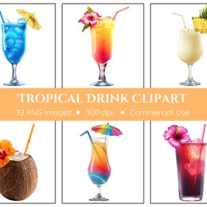 Clipart di bevande tropicali / 32 PNG / Cocktail di cocco / Download istantaneo / Bevande estive / Cocktail estivi / Bevande da spiaggia / Download digitale