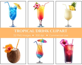 Tropical Drink Clipart | 32 PNGs | Coconut Cocktail | Instant Download | Summer Drinks | Summer Cocktails | Beach Drinks | Digital Download