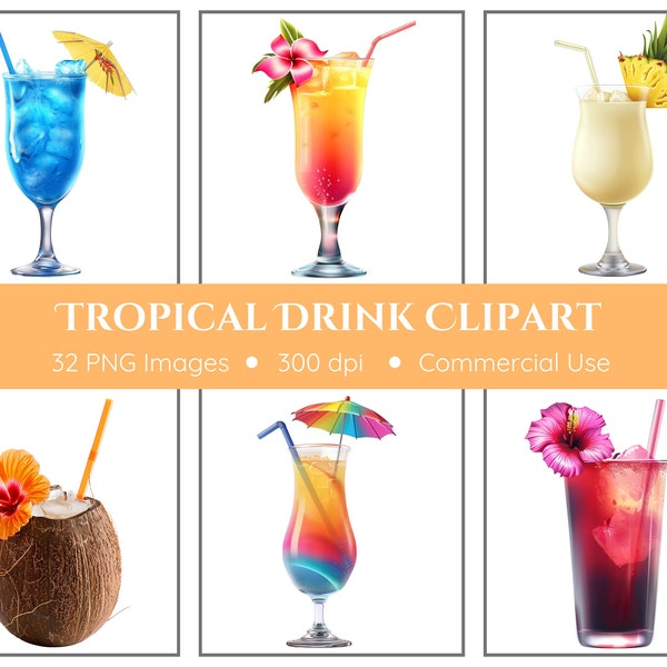 Tropical Drink Clipart | 32 PNGs | Coconut Cocktail | Instant Download | Summer Drinks | Summer Cocktails | Beach Drinks | Digital Download