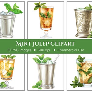 May include: A set of 10 digital illustrations of mint julep cocktails. The illustrations are in a watercolor style and feature different variations of the drink, including a classic silver cup, a tall glass with ice and mint, and a glass with a straw. The illustrations are perfect for use in digital designs, such as websites, social media, and print materials.