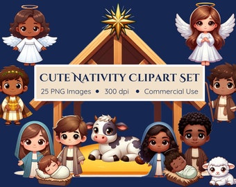 Clipart Mignon Nativité | 25 PNG | Noël | Clipart bébé Jésus | Clipart crèche de Noël | Clipart Noël | Clipart crèche pour enfants