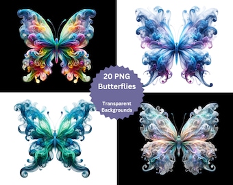 Papillons de fumée des cliparts | 20 PNG | Fonds transparents | Papillons éthérés | Papillons vaporeux | Papillons fantastiques | Art de la fumée