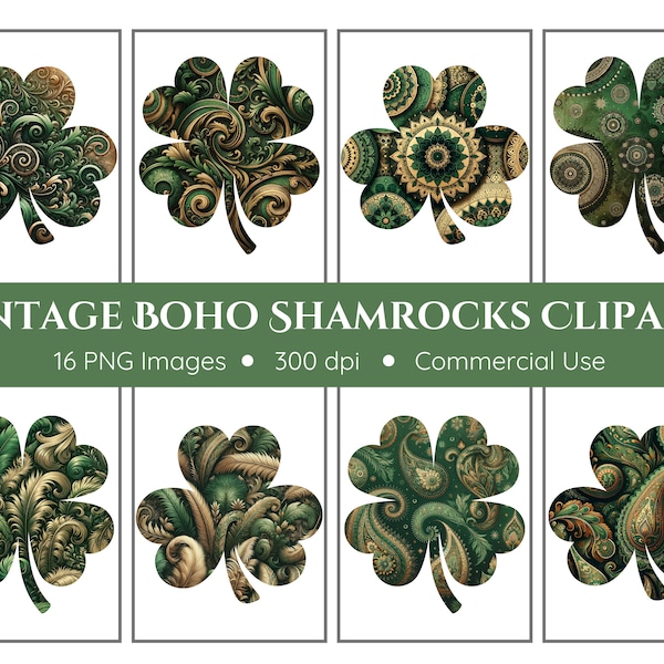 Vintage Boho Shamrock Clipart - Transparent Background - Vintage Shamrocks, Boho Shamrocks, St. Patrick's Day Clipart, PNG, Four-Leaf Clover