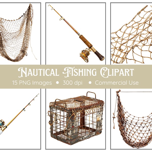 Nautical Fishing Clipart | 15 PNGs | Fishing Nets | Fishing Rods | Vintage Nautical | Instant Download | Lobster Traps | Nautical Clipart