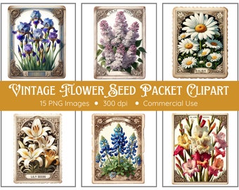 Vintage Flower Seed Packet Clipart Pack - 15 PNGs - Transparent Background - Gardening Clipart - Vintage Ephemera - Flower Clipart - Florals