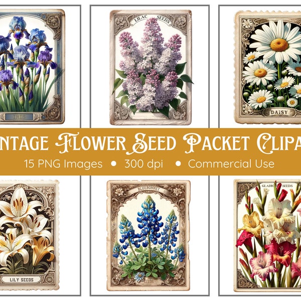 Vintage Flower Seed Packet Clipart Pack - 15 PNGs - Transparent Background - Gardening Clipart - Vintage Ephemera - Flower Clipart - Florals