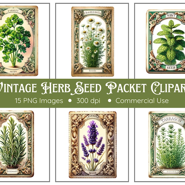 Vintage Herb Seed Packet Clipart Pack - 15 PNGs - Transparent Background - Gardening Clipart - Vintage Ephemera - Herbs Clipart