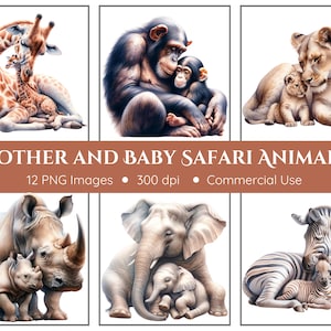 Mère et bébé Clipart animaux de safari - Clipart Safari - fond Transparent - Art de la chambre d'enfant - Fête des Mères - téléchargement immédiat