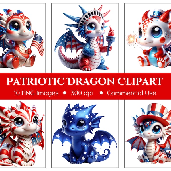 4th of July Dragons Clipart Pack | 10 PNGs | Transparent Background | Instant Download | Patriotic Dragons | Red White and Blue Baby Dragons