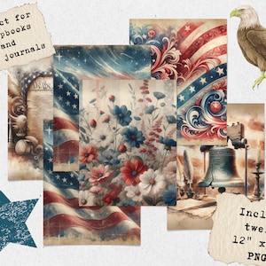 May include: Twelve digital scrapbook papers featuring vintage American flag designs, floral patterns, and a Liberty Bell. The papers are 12 inches by 12 inches and are perfect for crafting and scrapbooking.