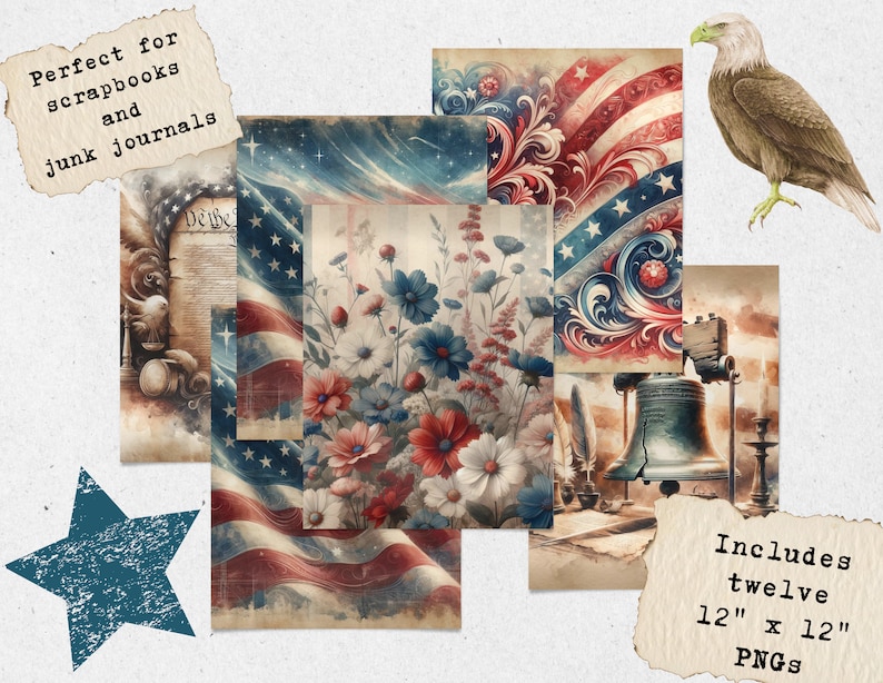 May include: Twelve digital scrapbook papers featuring vintage American flag designs, floral patterns, and a Liberty Bell. The papers are 12 inches by 12 inches and are perfect for crafting and scrapbooking.