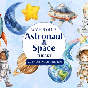 Clipart espace aquarelle astronaute | Clipart espace | Planètes aquarelle | Vaisseau spatial | Astronaute png | Les étoiles et la lune PNG | Clipart fusée
