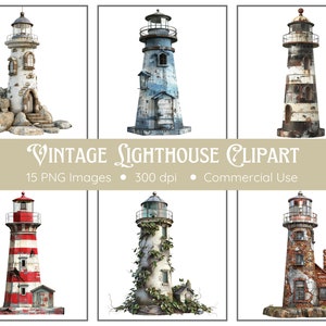 Vuurtoren-clipart | 15 png-bestanden | Vintage vuurtoren-clipart | Vintage nautisch | Direct downloaden | Kustafbeeldingen | Nautische clipart