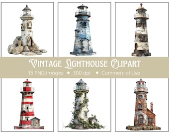 Lighthouse Clipart | 15 PNGs | Vintage Lighthouse Clipart | Vintage Nautical | Instant Download | Coastal Clipart | Nautical Clipart
