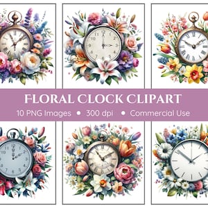 Puede incluir: Diez imágenes digitales de relojes de bolsillo vintage rodeados de flores coloridas. Las imágenes son perfectas para proyectos de manualidades, scrapbooking y diseño digital.