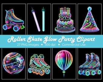 Glow Party Roller Skate Clipart Pack - 27 PNGs - Transparent Background - Roller Skate Clipart - Glow Party Clipart - Retro 80s Clipart