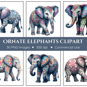 Clipart de elefantes ornamentados | 30 PNG | Download instantâneo | Elefante Png | Elefantes com padrões | Clipart de diário indesejado | Mandala Elefantes