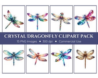 Crystal Dragonflies Clipart Pack - Transparent Background - Crystals, Dragonflies, Watercolor