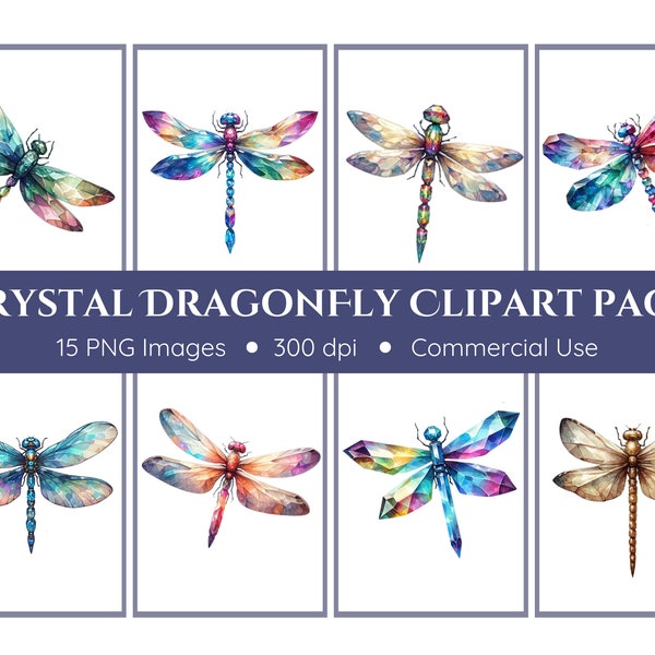 Crystal Dragonflies Clipart Pack - Transparent Background - Crystals, Dragonflies, Watercolor