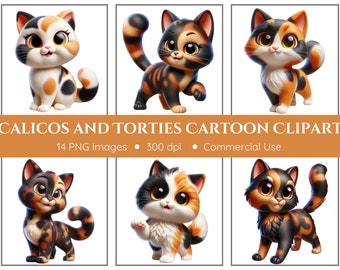 Calicos and Torties Clipart Pack - 14 PNGs - Cartoon Cats - Cute Cats - Calico Cats - Tortoiseshell Cats - Cat Clipart - Instant Download