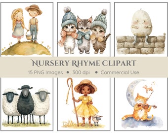 May include: A set of 15 watercolor illustrations featuring nursery rhyme characters. The illustrations include a girl and boy holding a basket, three cats wearing scarves, a potato with legs sitting on a wall, three sheep, a girl in a yellow dress holding a shepherd's crook, and a cat playing the violin under a crescent moon.