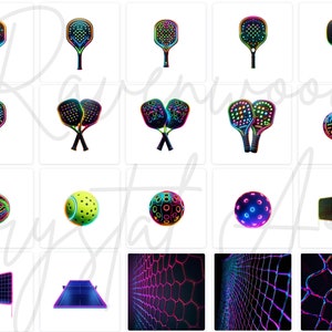 May include: A set of colorful neon paddleball rackets, balls, and nets. The rackets have a rainbow color scheme with black accents. The balls are multi-colored and have a textured surface. The nets are black with a neon green grid pattern.