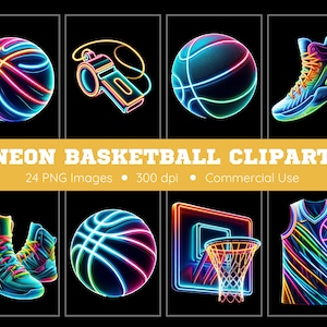 Pack de cliparts basket néon - fond Transparent - Clipart ballons de basket, clipart chaussures de basket-ball, clipart maillot de basket-ball