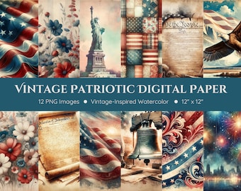 Vintage Patriotic Digital Paper - Vintage-Inspired Watercolor - American Flags, Red White and Blue - Americana - 4th of July - Independence