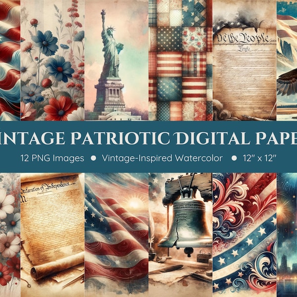 Vintage Patriotic Digital Paper - Vintage-Inspired Watercolor - American Flags, Red White and Blue - Americana - 4th of July - Independence