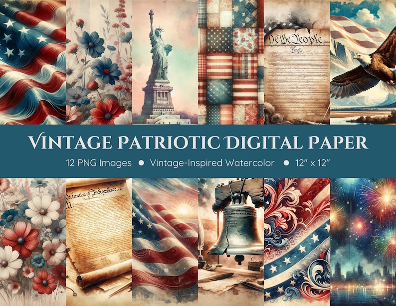 May include: A set of 12 digital papers featuring vintage-inspired watercolor designs with patriotic themes. The papers include images of the Statue of Liberty, the Liberty Bell, fireworks, the American flag, and floral designs. The papers are 12 inches by 12 inches and are perfect for scrapbooking, card making, and other craft projects.