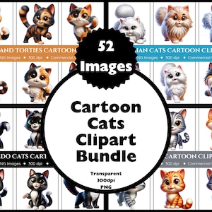 Cartoon Cats Clipart Bundle - Tabby Cats - Tuxedo Cats - Calico Cats - Persian Cats - Tortoiseshell Cats - Instant Download