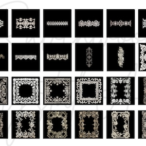 May include: A set of 24 white lace designs on a black background. The designs include borders, frames, and corner pieces. The lace is delicate and intricate, with a variety of patterns.