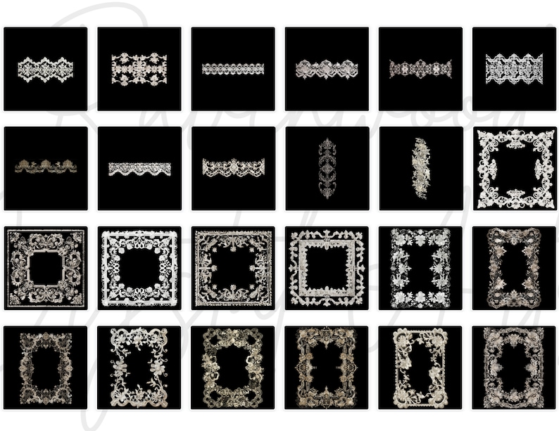 May include: A set of 24 white lace designs on a black background. The designs include borders, frames, and corner pieces. The lace is delicate and intricate, with a variety of patterns.