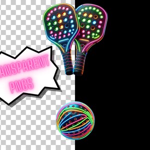 May include: Two neon paddle rackets with black handles and a neon green, blue, and pink ball.