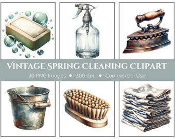 Vintage Spring Cleaning Clipart Pack - Transparent Background - Watercolor Clipart, Cleaning Supplies, Vintage Cleaning, Cleaning Ephemera