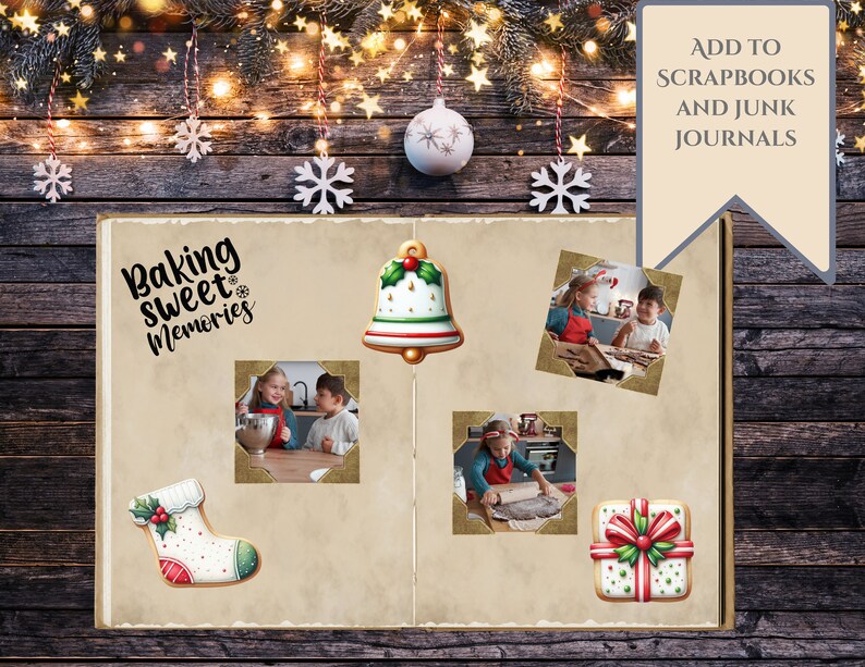 Peut inclure: Une page de scrapbooking avec le texte "Baking Sweet Memories" et des images d'enfants en train de cuisiner. La page pr&eacute;sente &eacute;galement une cloche en pain d'&eacute;pices, une chaussette en pain d'&eacute;pices et une bo&icirc;te cadeau en pain d'&eacute;pices.
